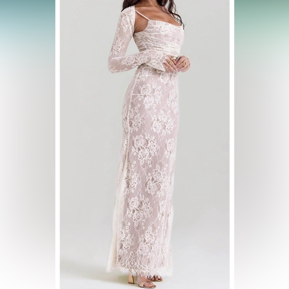 Lace Long Sleeve Maxi Dress in Blush - Elegant Women's Evening Gown
